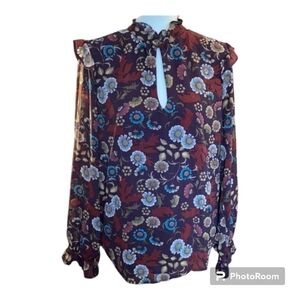 WAYF Floral High Ruffle Neck Top W/ Keyhole Front Ruffle Cuffs M EUC